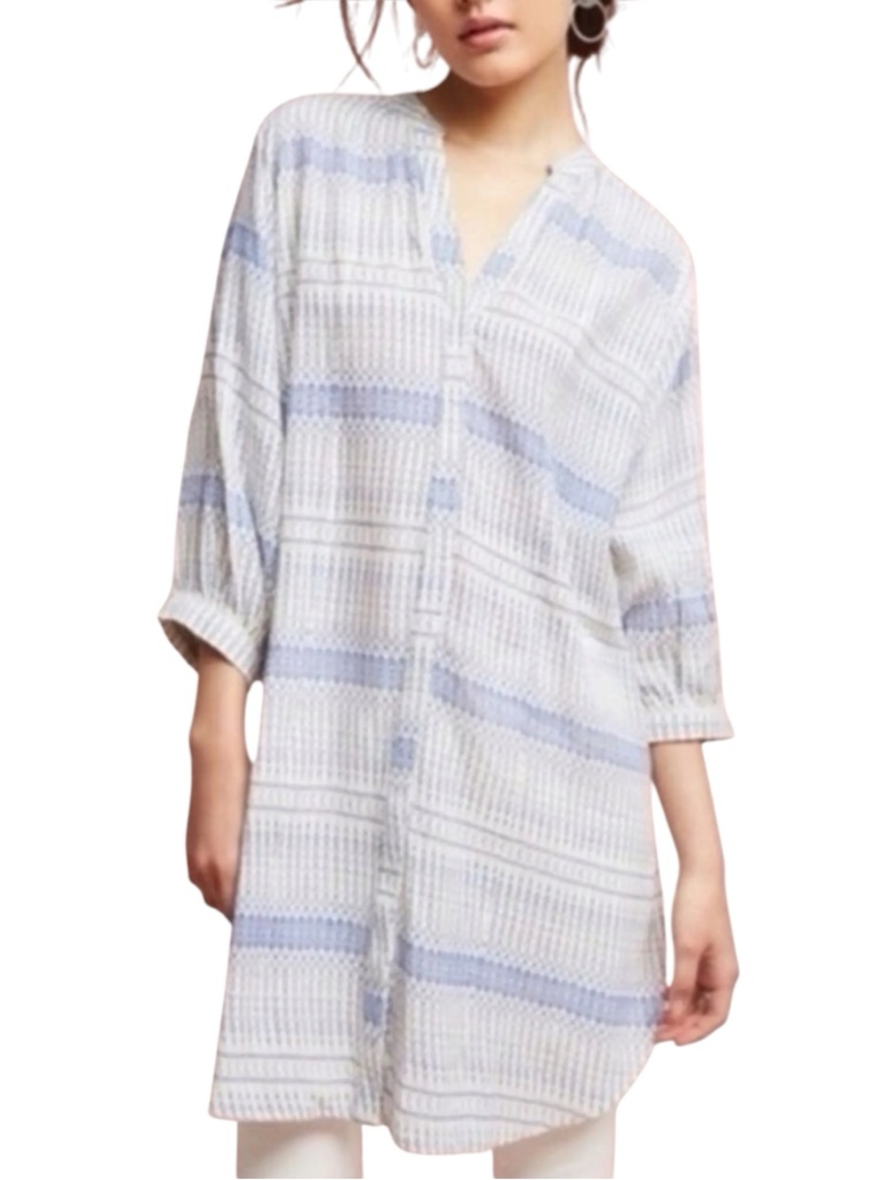 Anthropologie Maeve Lena Blue Off White  3/4 Sleeve Button Down Tunic Top - S